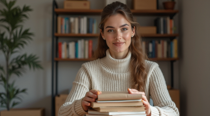 Femme emballant des livres dans un appartement moderne