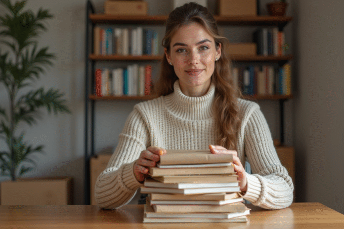 femme-emballant-livres Femme emballant des livres dans un appartement moderne