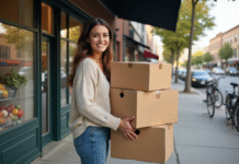 Jeune femme souriante avec cartons dans un quartier urbain