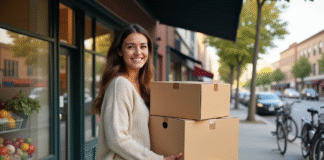 Jeune femme souriante avec cartons dans un quartier urbain