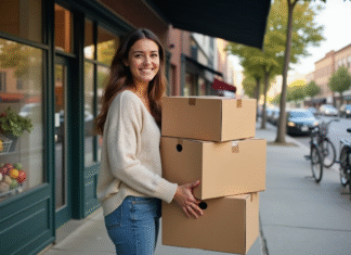 Jeune femme souriante avec cartons dans un quartier urbain