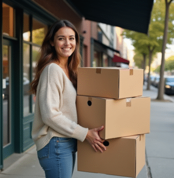 Cartons gratuits : 7 astuces inédites pour en obtenir facilement ! Jeune femme souriante avec cartons dans un quartier urbain