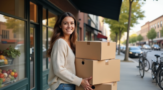 Jeune femme souriante avec cartons dans un quartier urbain