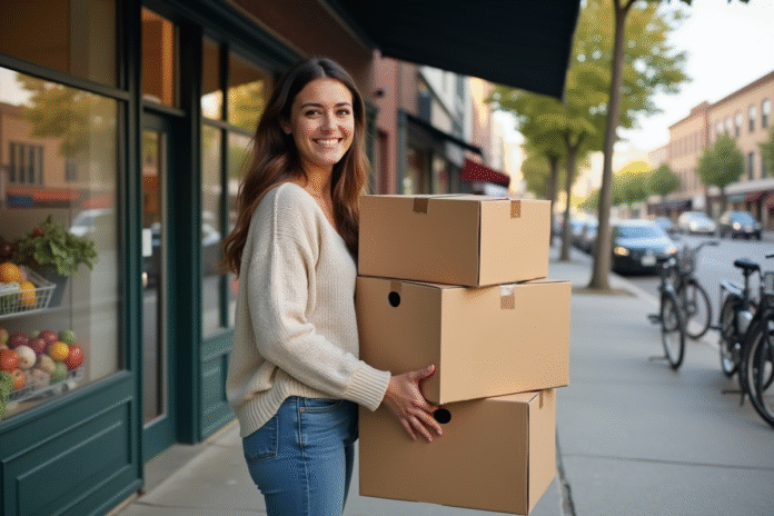 femme-emballe-cartons-quartier Jeune femme souriante avec cartons dans un quartier urbain
