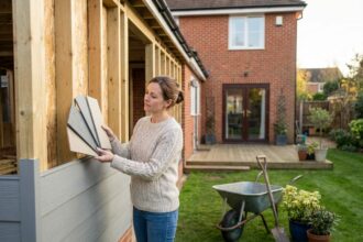 Femme examinant des échantillons de revêtement extérieur