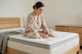Femme assise sur un matelas sultan Ikea examinant la qualité du tissu et des coutures dans une chambre moderne