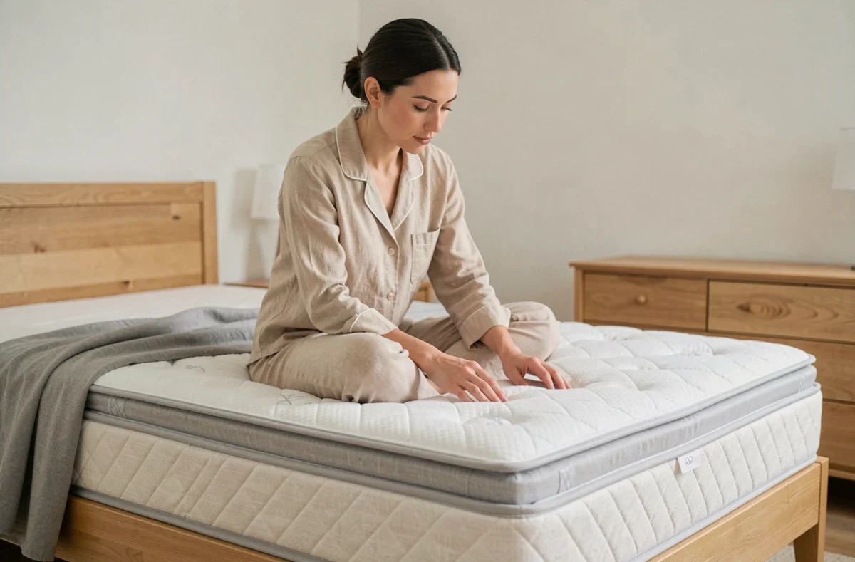 Femme assise sur un matelas sultan Ikea examinant la qualité du tissu et des coutures dans une chambre moderne