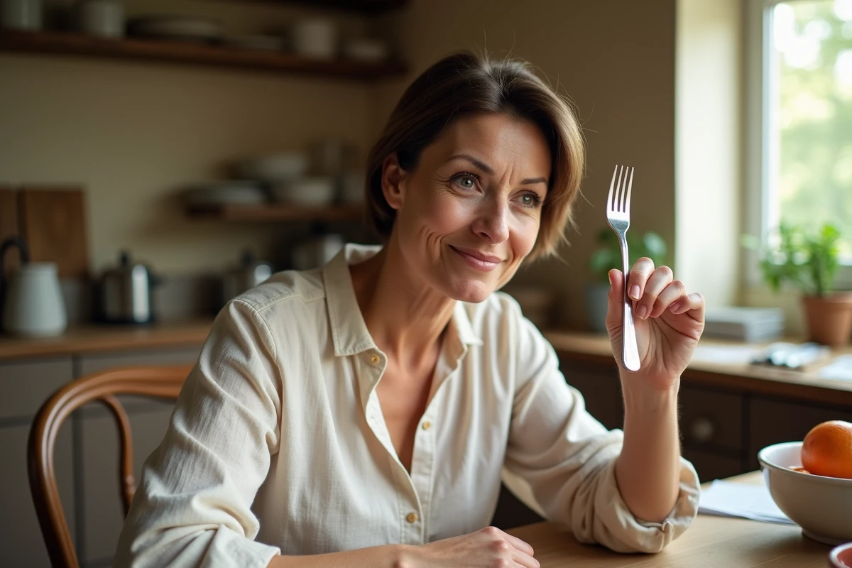 Femme examinant le poinçon d'une fourchette en argent avant de la vendre dans une cuisine de maison de campagne