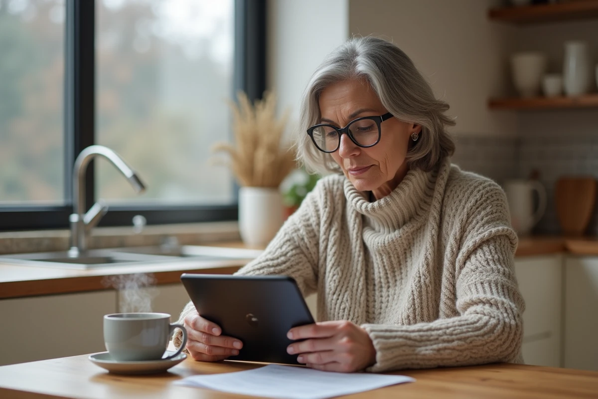 Femme consultant sa facture d'énergie et réglant son thermostat connecté pour optimiser le chauffage électrique central