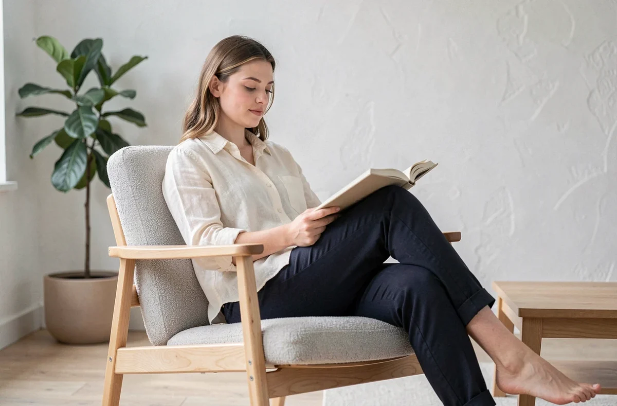 Femme lisant dans un fauteuil scandinave en boucle gris clair dans un salon minimaliste