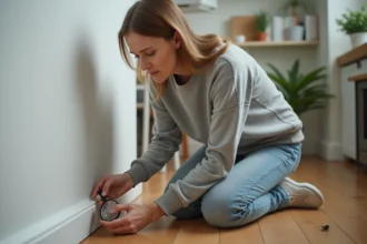 Femme regardant un insecte noir dans un salon moderne