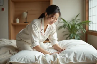 Femme japonaise arrangeant un futon dans une chambre minimaliste