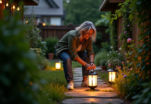 Éclairage extérieur jardin sans électricité : astuces pratiques pour illuminer votre espace vert Femme en jardinage posant des lanternes solaires au crépuscule