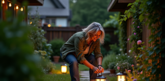 Éclairage extérieur jardin sans électricité : astuces pratiques pour illuminer votre espace vert Femme en jardinage posant des lanternes solaires au crépuscule