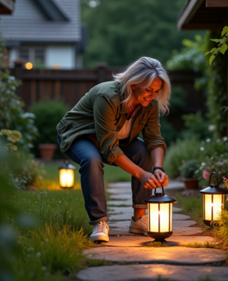 Femme en jardinage posant des lanternes solaires au crépuscule