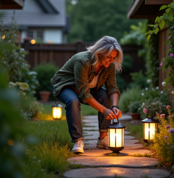 Éclairage extérieur jardin sans électricité : astuces pratiques pour illuminer votre espace vert Femme en jardinage posant des lanternes solaires au crépuscule