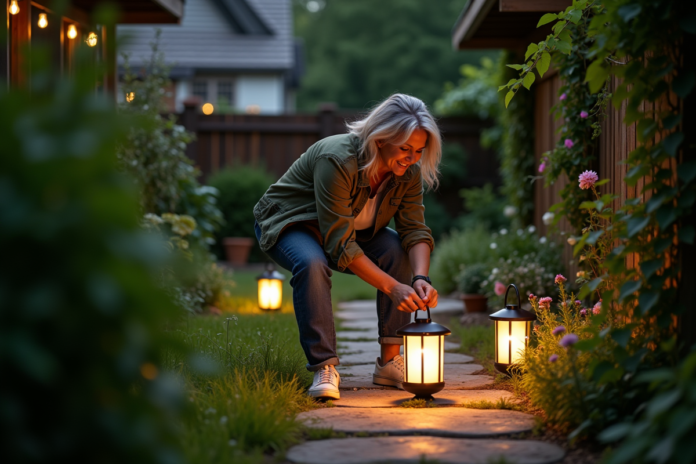 femme-jardin-lanterne-solaire Femme en jardinage posant des lanternes solaires au crépuscule
