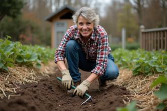Femme en jeans et gants de jardinage en train d'aérer le sol