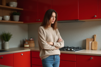 Femme pensant dans une cuisine moderne aux couleurs vives