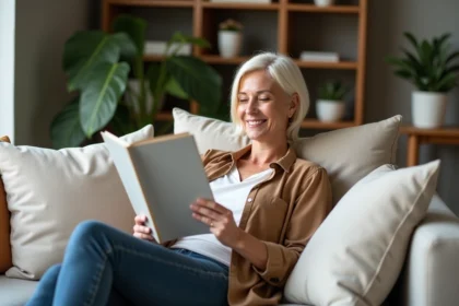 Femme souriante lisant un magazine dans un salon cosy