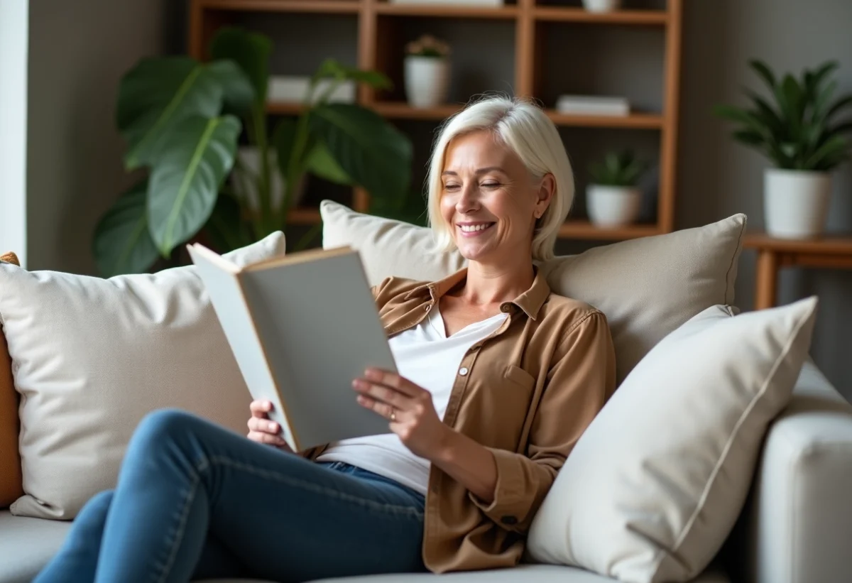 Femme souriante lisant un magazine dans un salon cosy