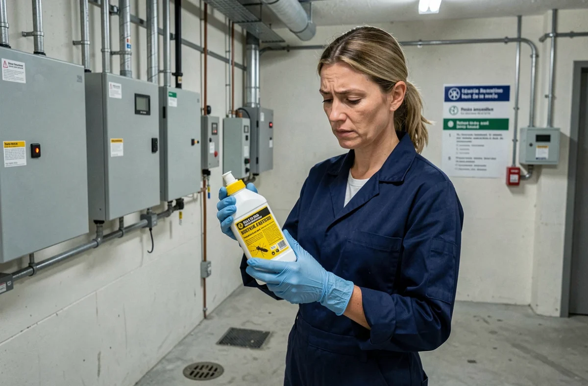 Femme en combinaison de travail lisant l'étiquette d'un insecticide anti cafard dans un local technique