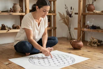 Femme méditant devant un mandala fleur de vie dessiné à la main sur papier, dans un espace de méditation minimaliste en bois naturel
