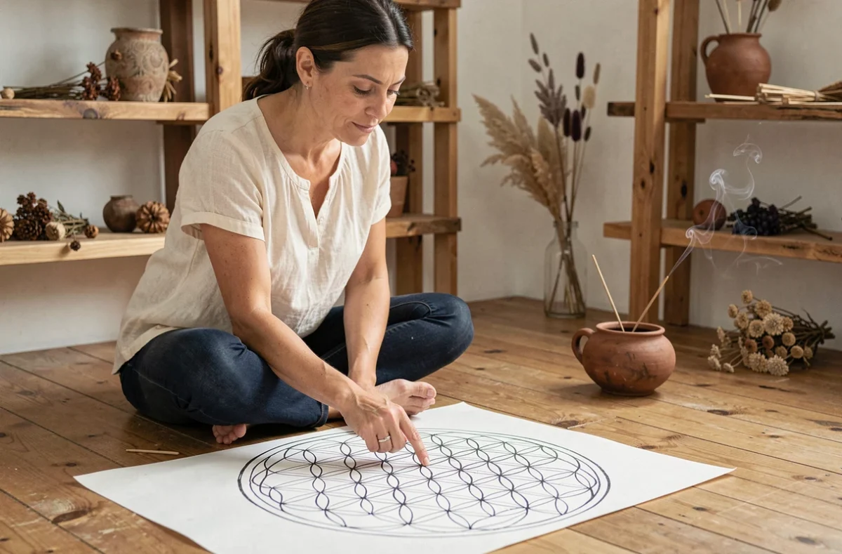 Femme méditant devant un mandala fleur de vie dessiné à la main sur papier, dans un espace de méditation minimaliste en bois naturel
