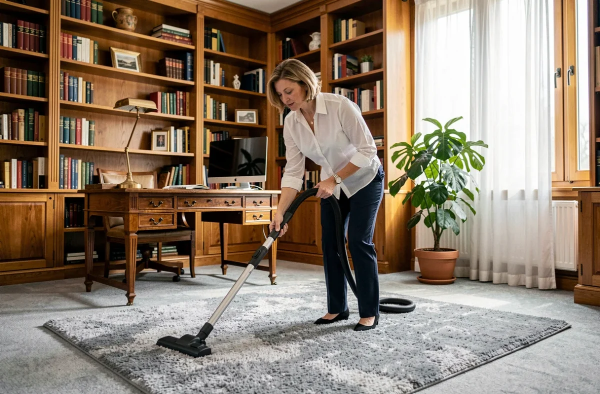 Femme de ménage passant l'aspirateur dans un bureau à domicile avec bibliothèque