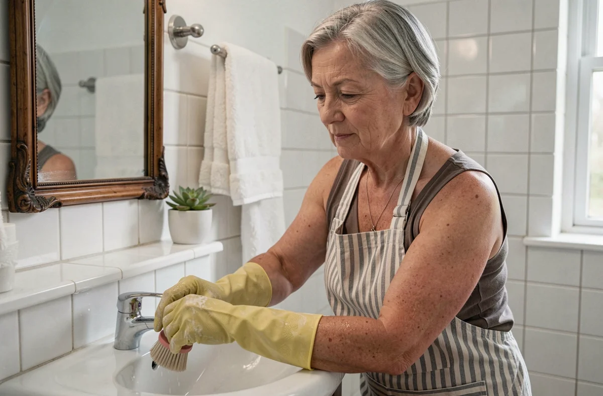 Femme de ménage à domicile nettoyant un lavabo dans une salle de bain