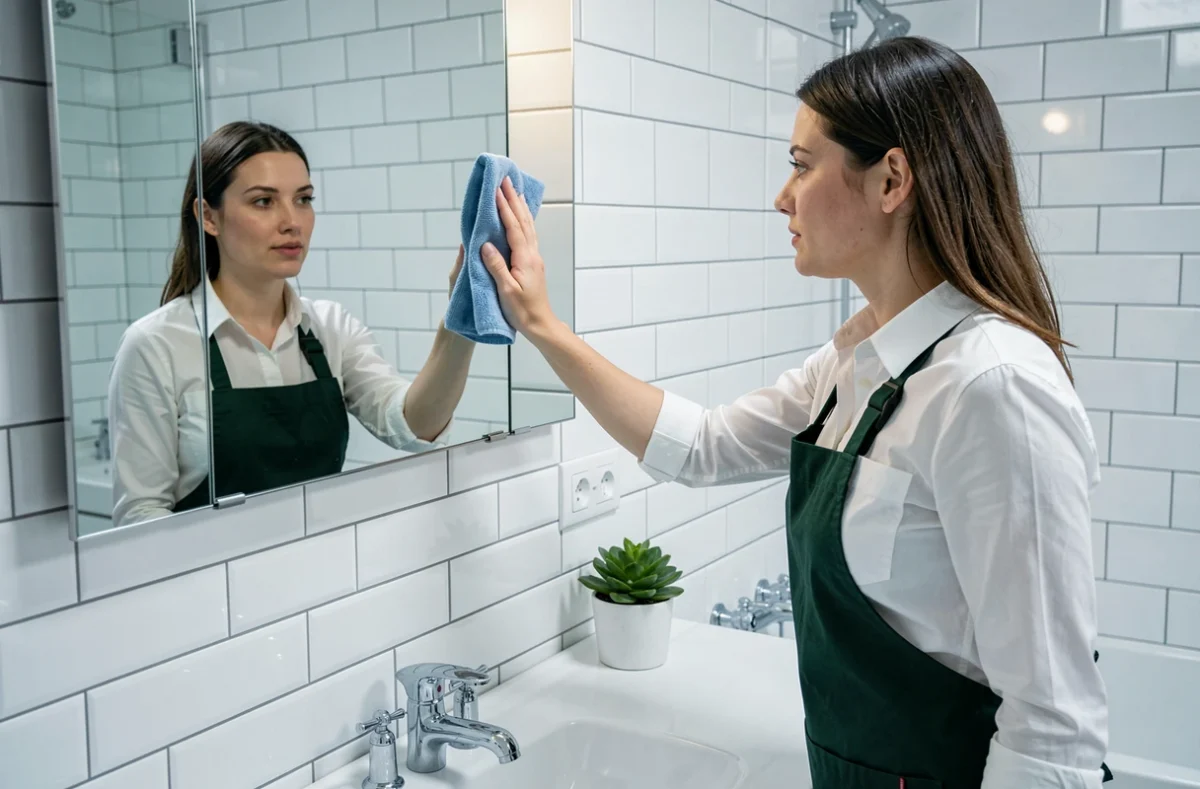 Femme de ménage nettoyant un miroir de salle de bain dans un appartement contemporain en France