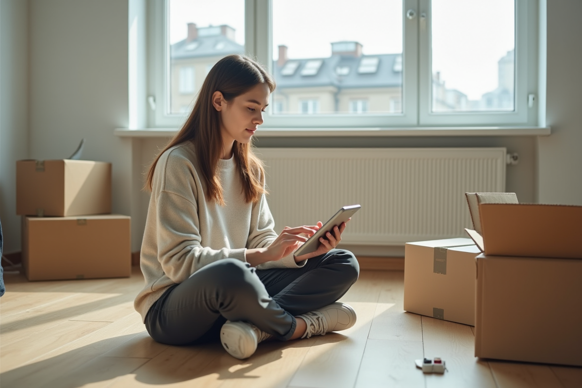 Jeune femme assise sur le sol d un appartement vide avec tablette