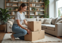 Femme organisant des cartons dans un salon moderne