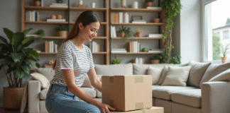 Femme organisant des cartons dans un salon moderne
