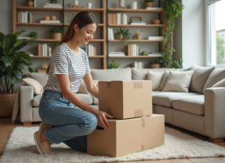 Femme organisant des cartons dans un salon moderne