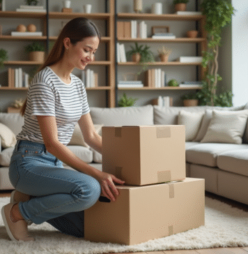Ranger cartons vides : astuces pratiques pour organiser parfaitement Femme organisant des cartons dans un salon moderne