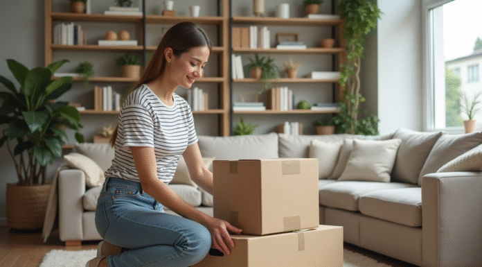 Femme organisant des cartons dans un salon moderne