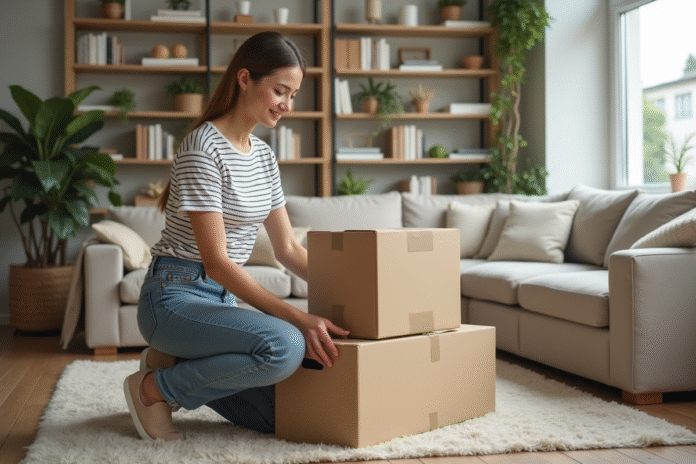 femme-organisation-de-mes-boxes Femme organisant des cartons dans un salon moderne