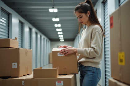 Femme organisant des cartons dans un entrepôt moderne
