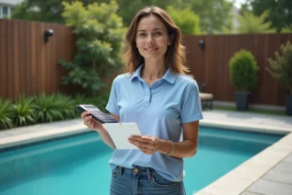 Femme debout près de la piscine dans le jardin