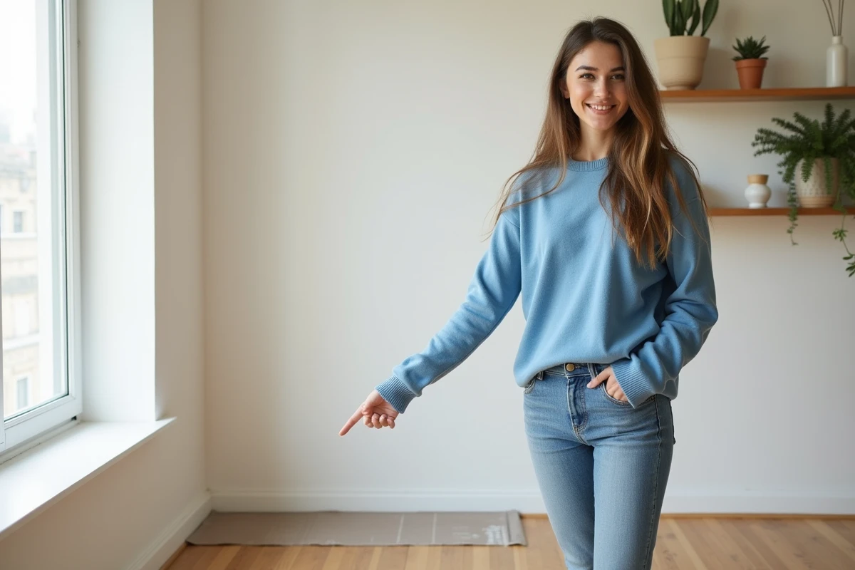 Femme pointant un cache-plomberie dans un salon rénové