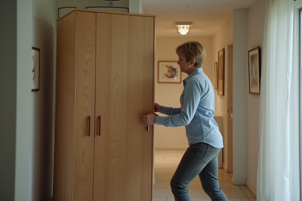 Femme utilisant des sangles pour soulever un grand armoire