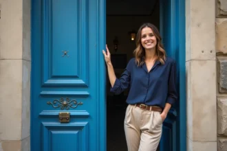 Femme souriante devant une porte bleue ancienne