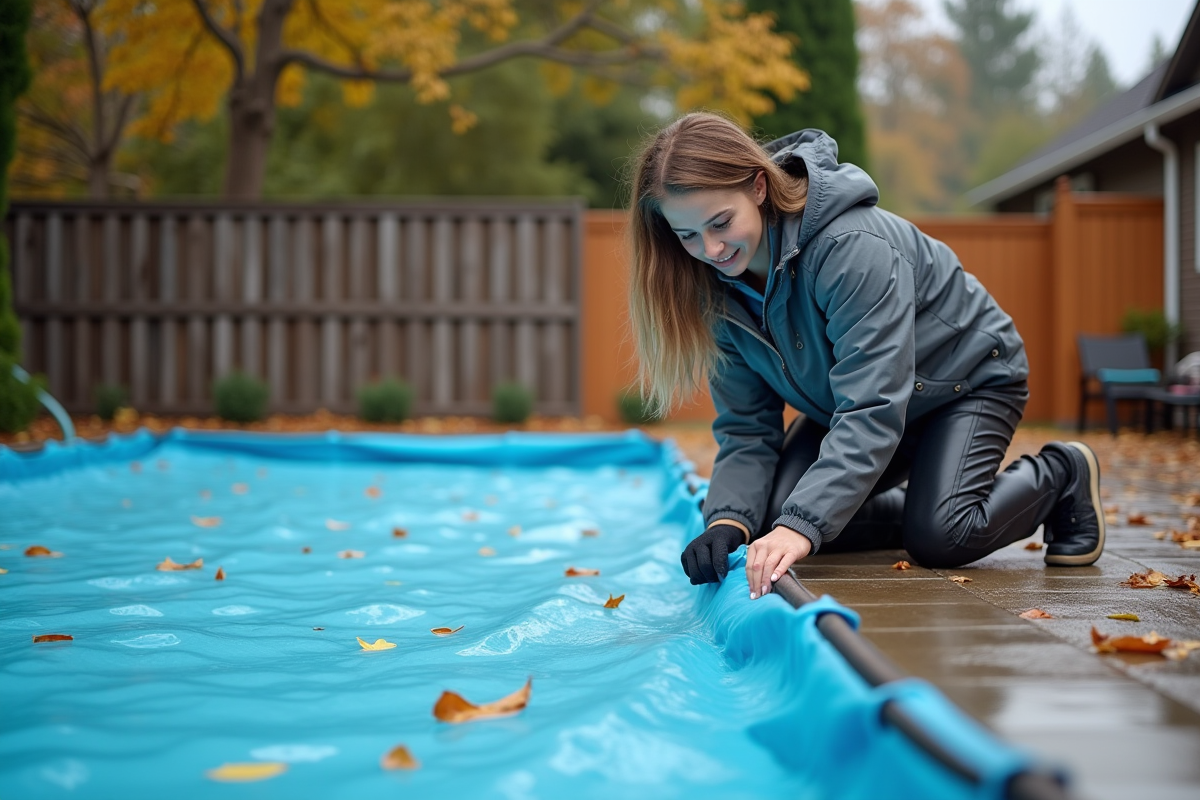 Femme posant des sacs de poids autour de la piscine