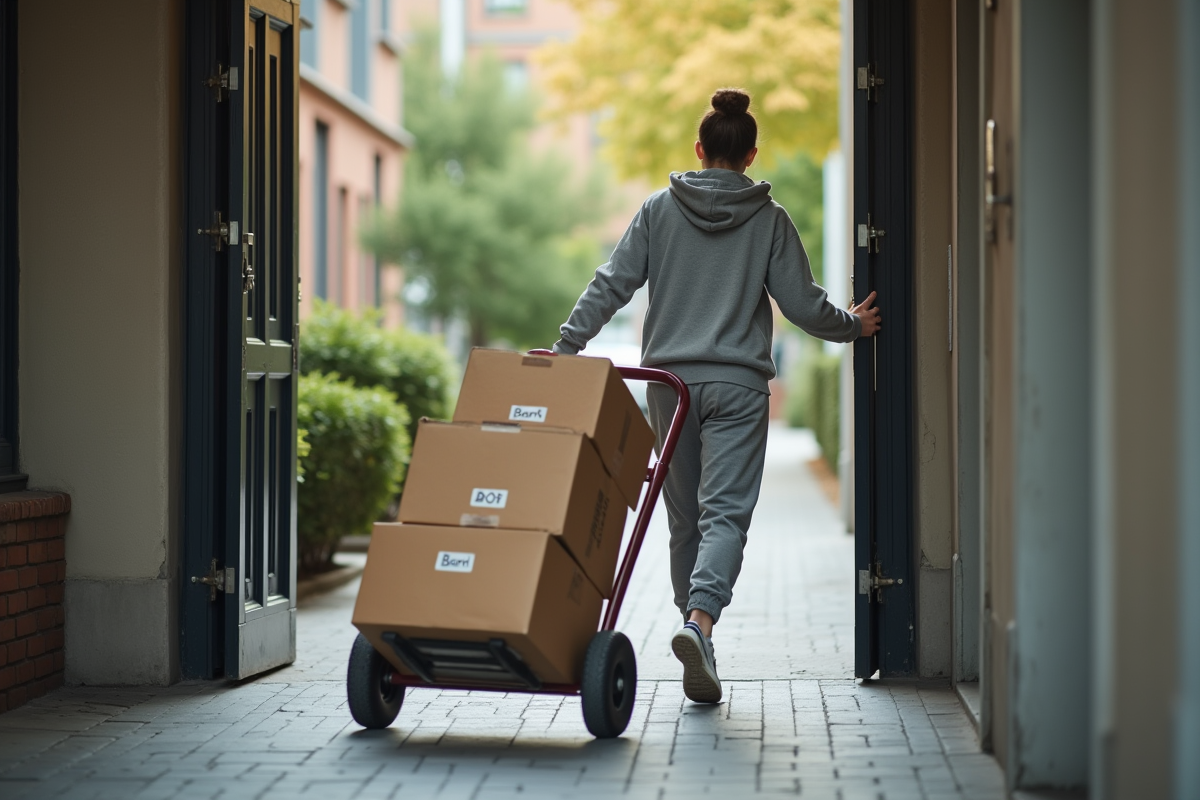 Femme poussant un chariot avec des cartons dans un immeuble