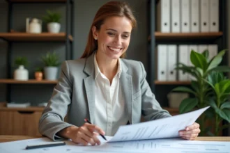 Femme professionnelle examinant des devis de rénovation à son bureau à domicile, comparant les estimations de travaux