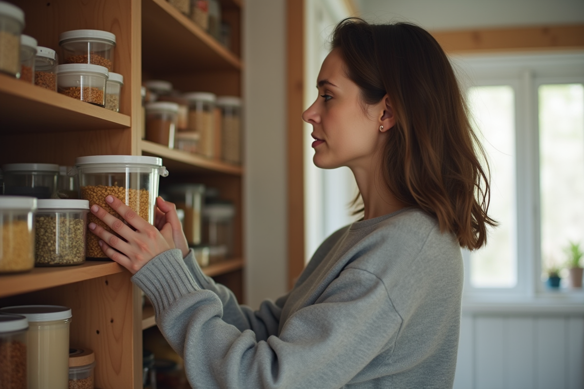 Jeune femme organisant un placard de cuisine
