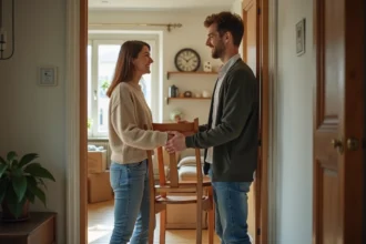 Femme souriante remet une chaise en bois à un jeune homme dans un couloir lumineux