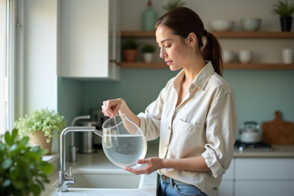 Femme remplissant un pichet d'eau dans une cuisine lumineuse
