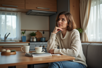 Femme assise dans un mobile home moderne avec un café